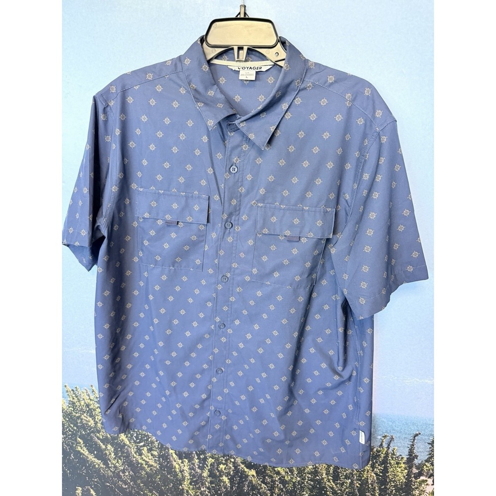 Voyager Blue Geometric Lightweight Short Sleeve Button Front Shirt  Mens Large